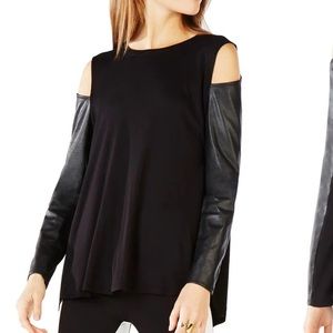 BCBG MAXAZRIA Judson faux leather coldshoulder top